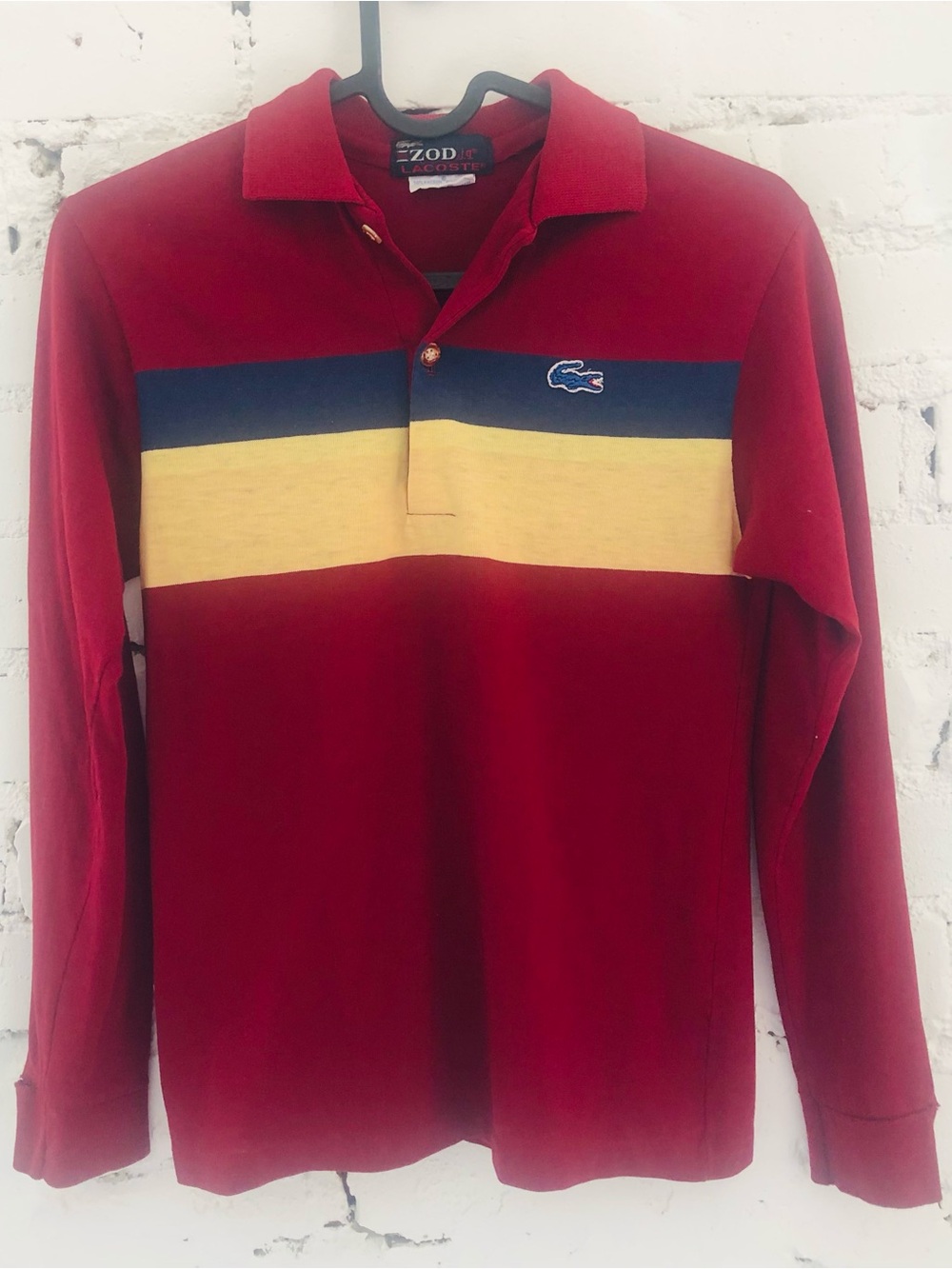 Vintage Lacoste Red Long-Sleeve Polo with Navy & Yellow Stripes